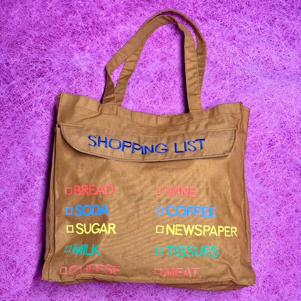 VTG 1980 Holiday Fair Brown Canvas Structured Tote Bag 'Shopping List' Kitschy